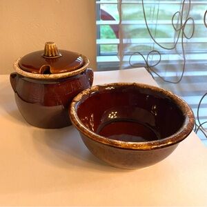 Vintage Hull Pottery Brown Drip Ceramic Bowl and Lidded Pot Set 1950s-60s